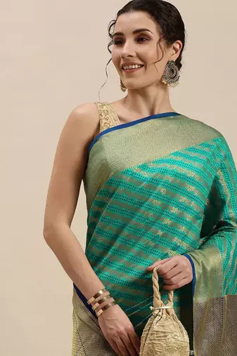 blue blue & golden ethnic motifs silk blend saree