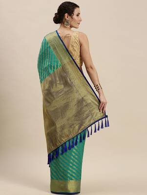 blue blue & golden ethnic motifs silk blend saree 3