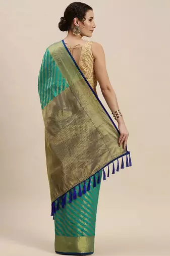 blue blue & golden ethnic motifs silk blend saree