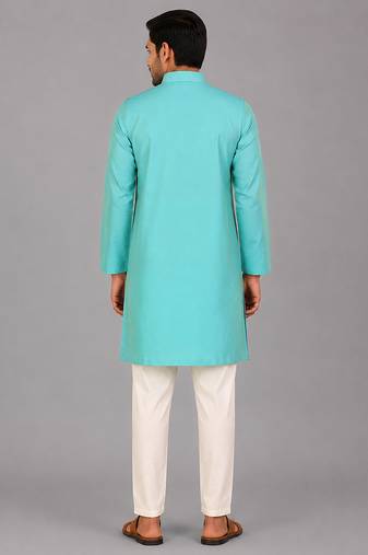 Aqua blue woven cotton silk Men Kurta Set