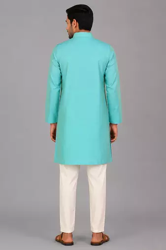 Aqua blue woven cotton silk Men Kurta Set