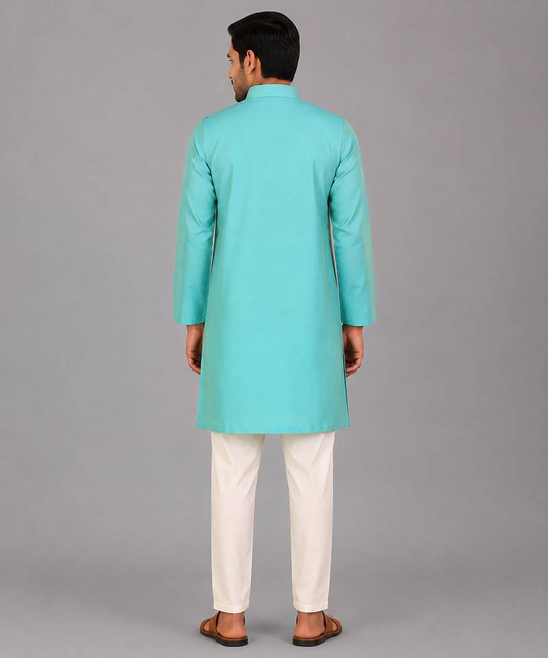 Aqua blue woven cotton silk Men Kurta Set
