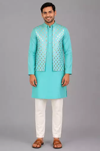 Aqua blue woven cotton silk Men Kurta Set