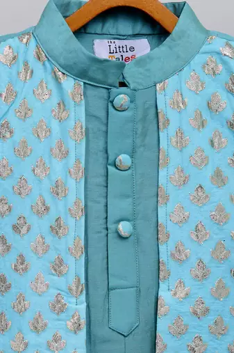 Aqua blue woven cotton silk Men Kurta Set