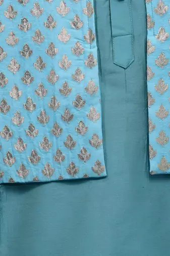 Aqua blue woven cotton silk Men Kurta Set