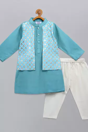 Aqua blue woven cotton silk Men Kurta Set