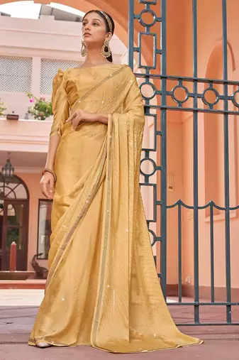 gold gold-toned beads and stones embellished satin designer saree