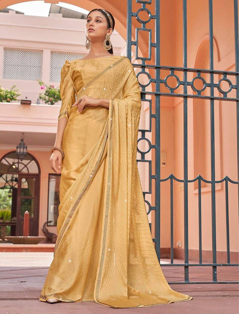 gold gold-toned beads and stones embellished satin designer saree