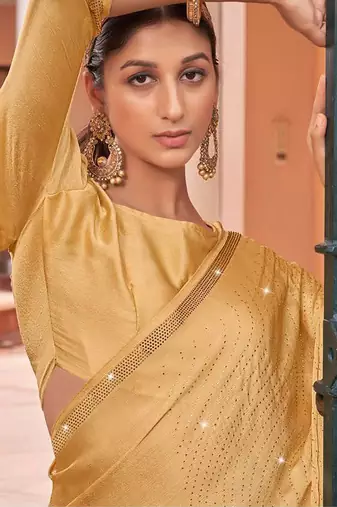 gold gold-toned beads and stones embellished satin designer saree