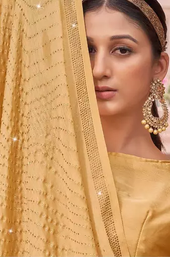 gold gold-toned beads and stones embellished satin designer saree