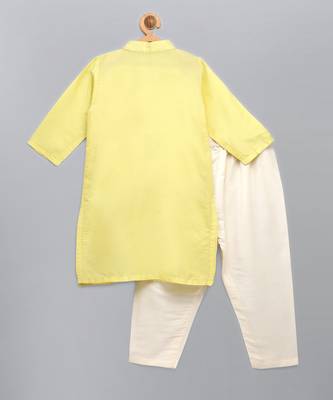 Pastel yellow woven cotton silk Men Kurta Set 1