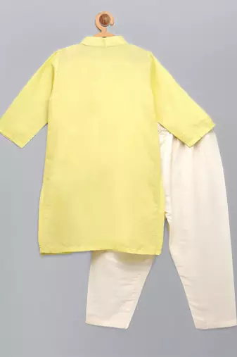 Pastel yellow woven cotton silk Men Kurta Set