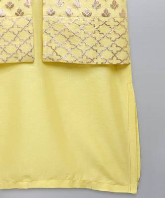Pastel yellow woven cotton silk Men Kurta Set 2