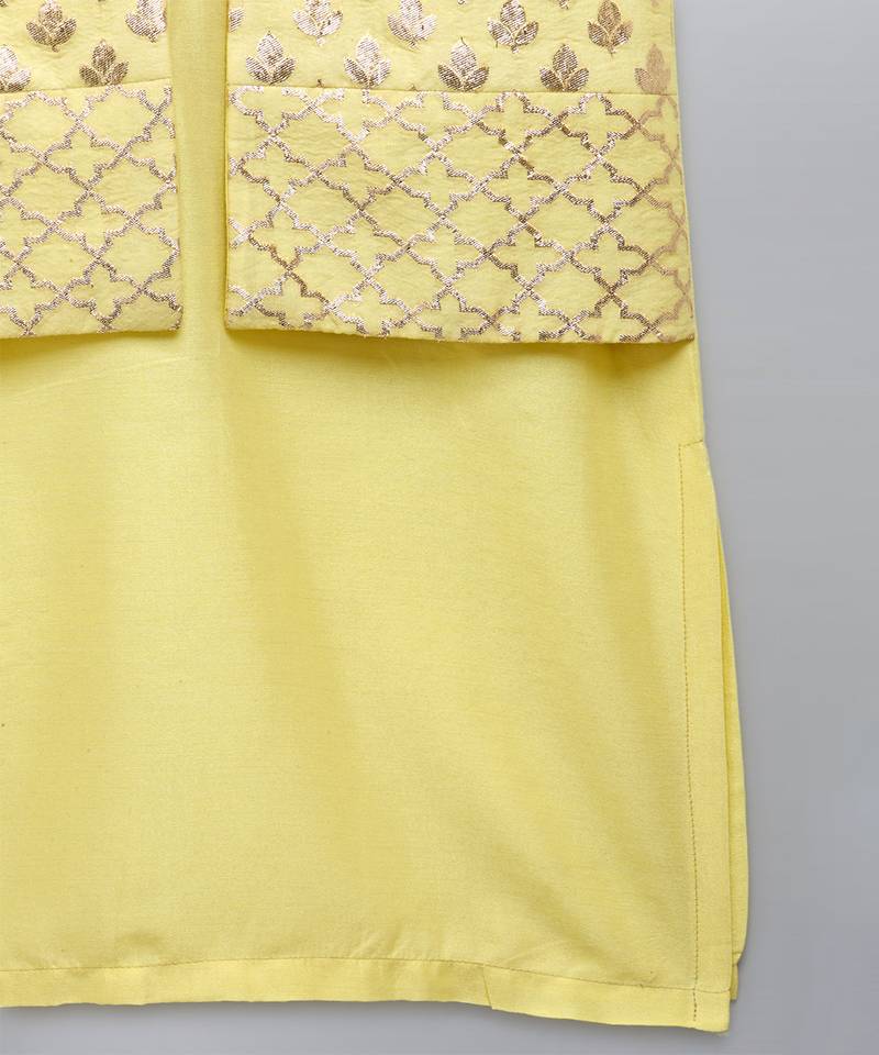 Pastel yellow woven cotton silk Men Kurta Set