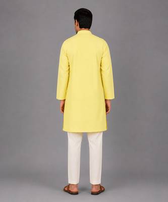 Pastel yellow woven cotton silk Men Kurta Set 5