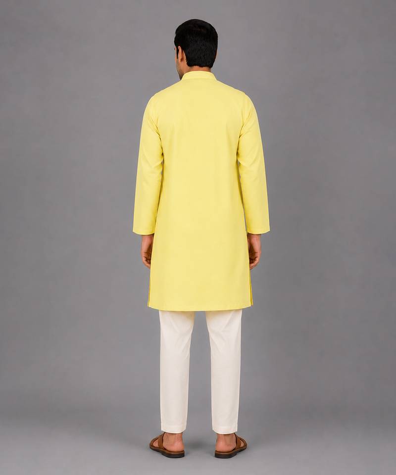 Pastel yellow woven cotton silk Men Kurta Set