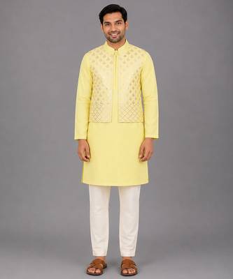 Pastel yellow woven cotton silk Men Kurta Set 6