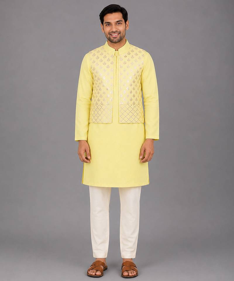 Pastel yellow woven cotton silk Men Kurta Set