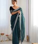 teal embroidered sequinned net saree