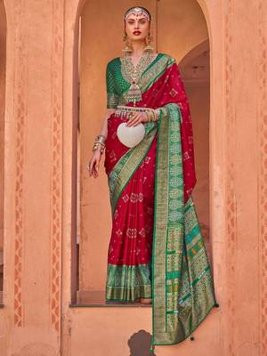 red red & green ethnic motifs printed silk blend patola saree 1