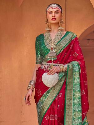 red red & green ethnic motifs printed silk blend patola saree 2
