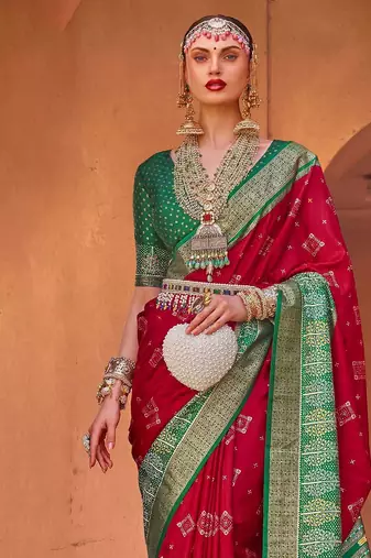 red red & green ethnic motifs printed silk blend patola saree