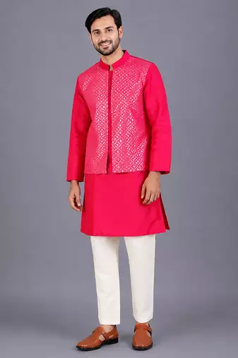 Pink cotton silk Men Kurta Set
