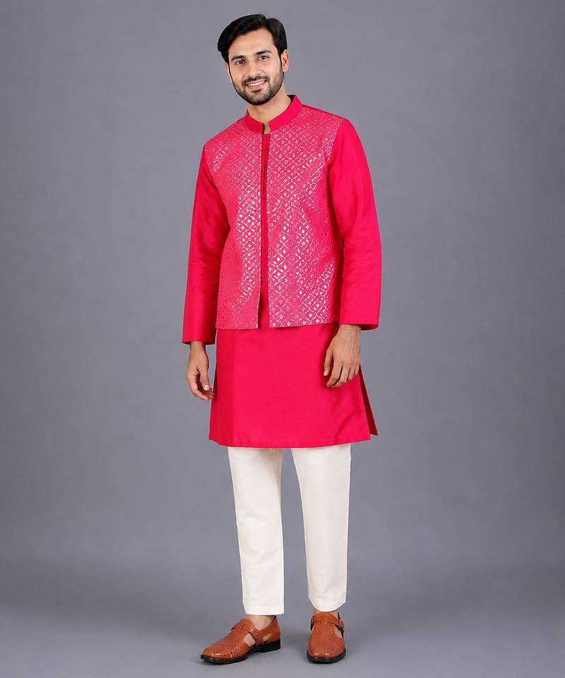 Pink cotton silk Men Kurta Set