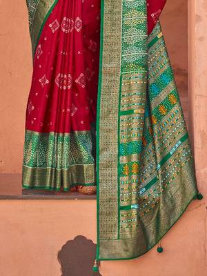 red red & green ethnic motifs printed silk blend patola saree 3
