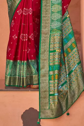 red red & green ethnic motifs printed silk blend patola saree