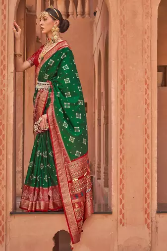 green green & red printed silk blend patola saree