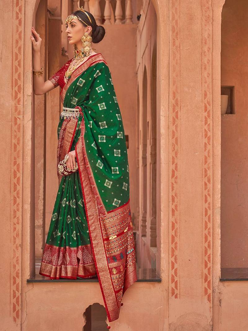 green green & red printed silk blend patola saree