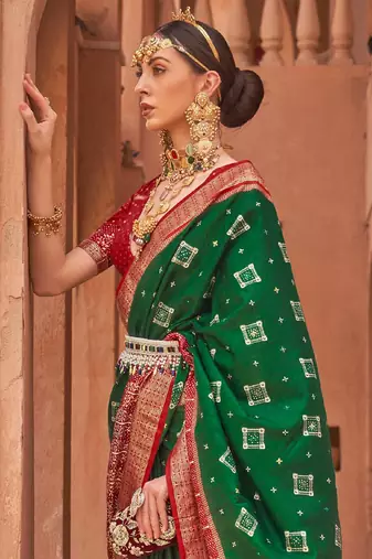 green green & red printed silk blend patola saree