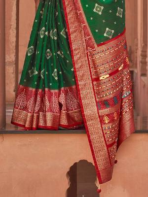 green green & red printed silk blend patola saree 3
