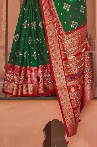 green green & red printed silk blend patola saree