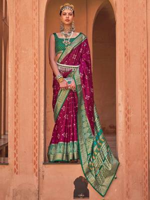 burgundy burgundy & green ethnic motifs woven design zari patola saree 1