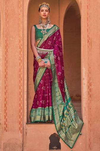 burgundy burgundy & green ethnic motifs woven design zari patola saree