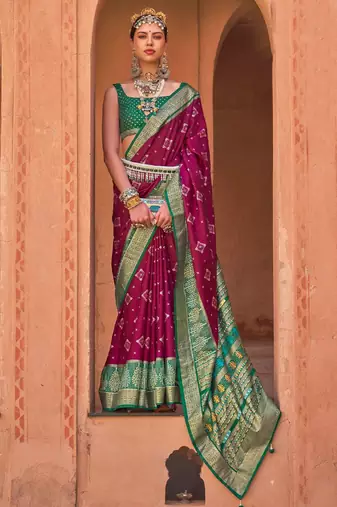 burgundy burgundy & green ethnic motifs woven design zari patola saree