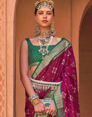 burgundy burgundy & green ethnic motifs woven design zari patola saree 2