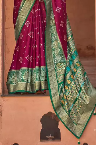 burgundy burgundy & green ethnic motifs woven design zari patola saree