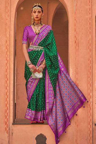 green green & purple ethnic motifs woven design zari patola saree