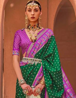 green green & purple ethnic motifs woven design zari patola saree 2