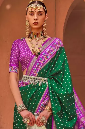 green green & purple ethnic motifs woven design zari patola saree