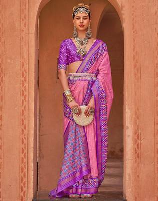 pink pink & purple ethnic motifs woven design zari patola saree 1