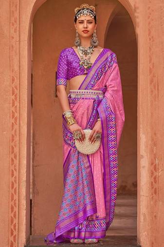 pink pink & purple ethnic motifs woven design zari patola saree