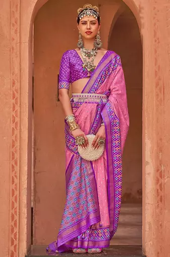 pink pink & purple ethnic motifs woven design zari patola saree