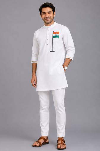 White flag printed cotton Men Kurta Set