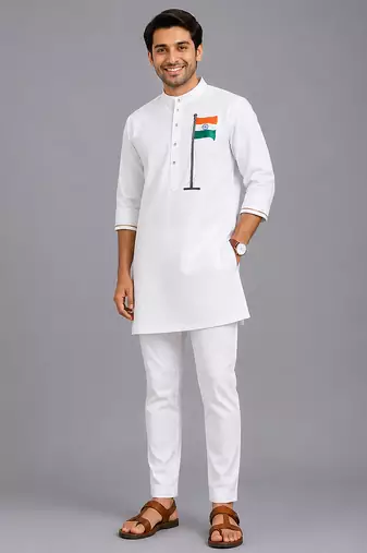 White flag printed cotton Men Kurta Set