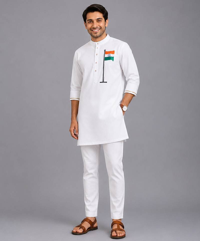 White flag printed cotton Men Kurta Set