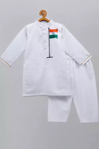 White flag printed cotton Men Kurta Set